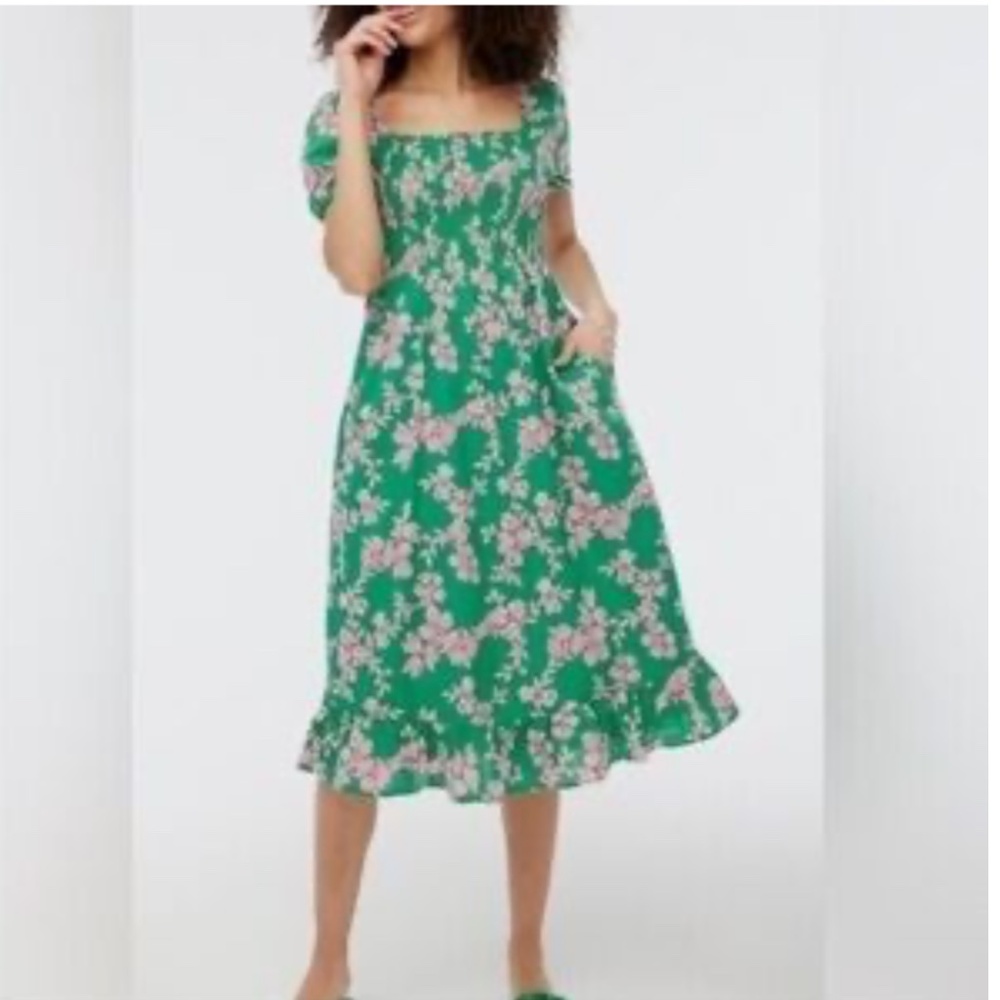 J. Crew Green and Pink Floral Print Smocked Midi Dress